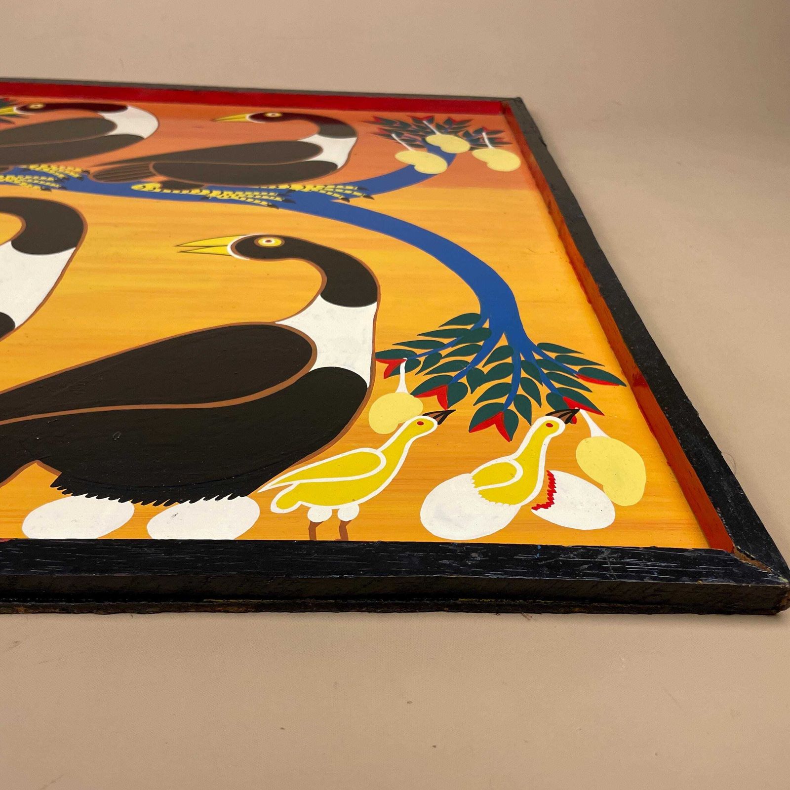 photo furniture Vintage Tingatinga African Board Painting, Hand Painted Birds In Mango Tree, Signed O A Ally Tanzanian Folk Art, Framed Enamel Artwork