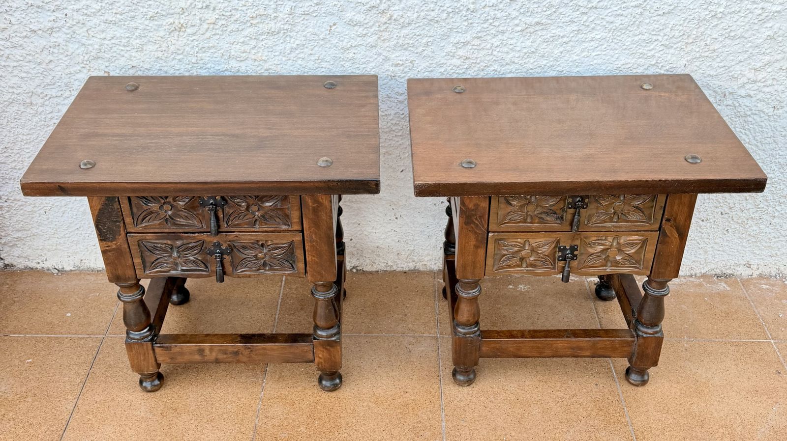 Pair Of Spanish Carved Wood Bedside Tables With Floral Drawers, Mid 20th Century photo for sale