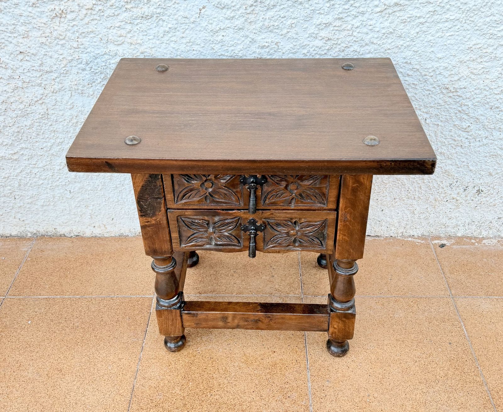 Pair Of Spanish Carved Wood Bedside Tables With Floral Drawers, Mid 20th Century photo 2160.0
