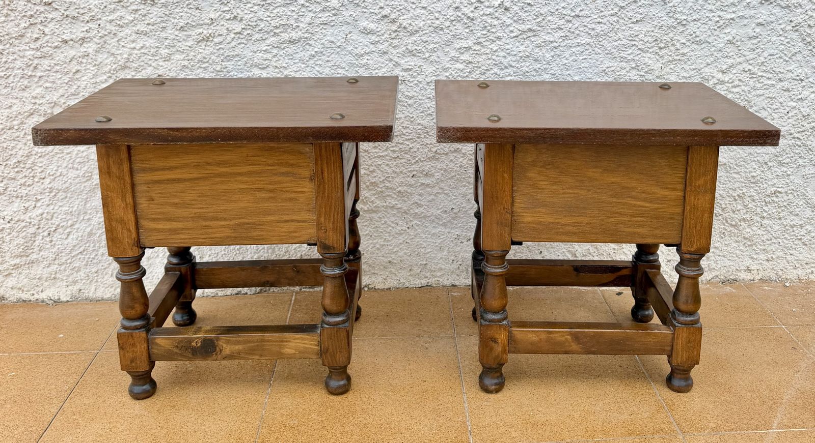 photo furniture Pair Of Spanish Carved Wood Bedside Tables With Floral Drawers, Mid 20th Century