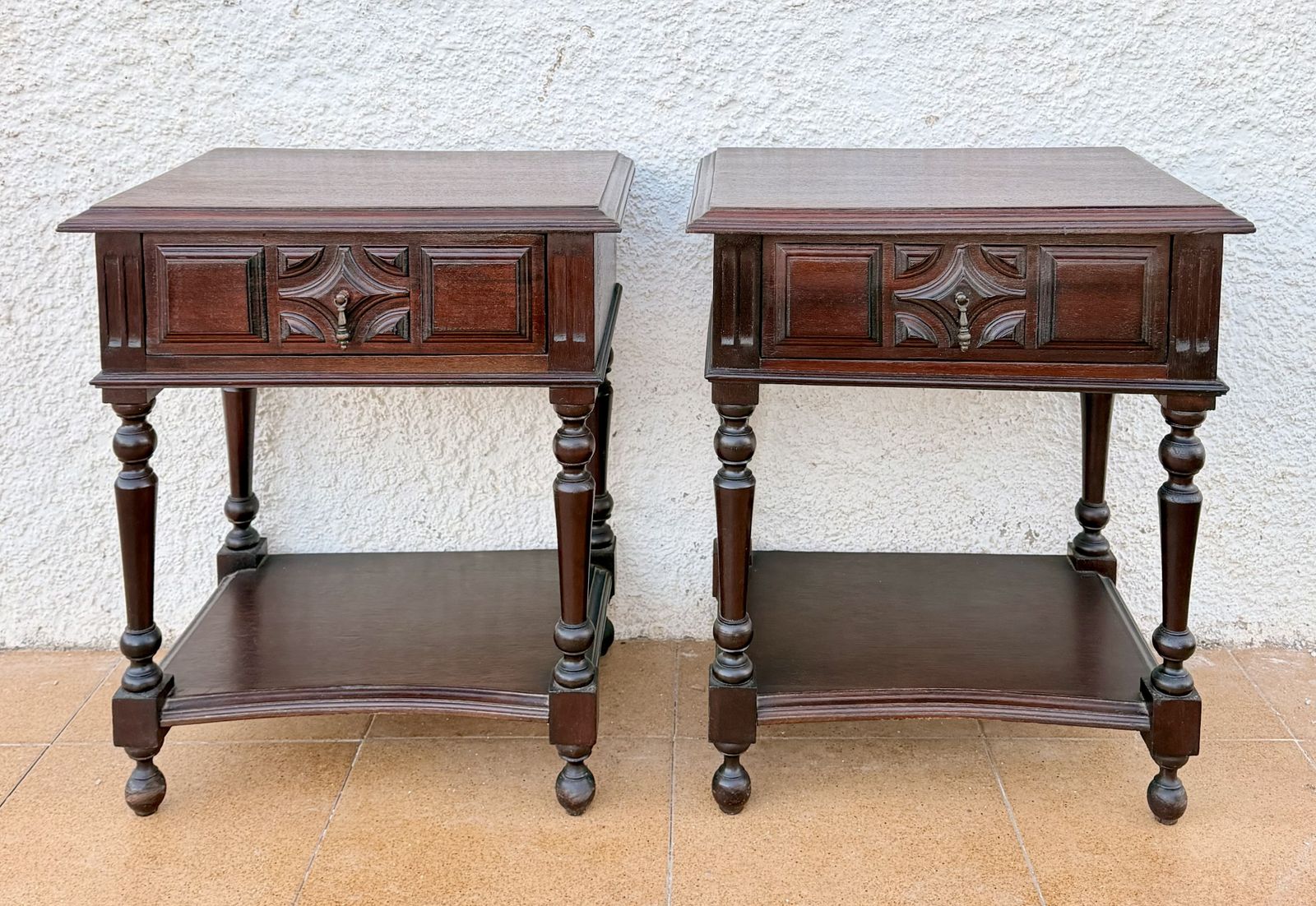 Pair Of Spanish Carved Wood Bedside Tables With Lower Shelves, 1940s photo for sale