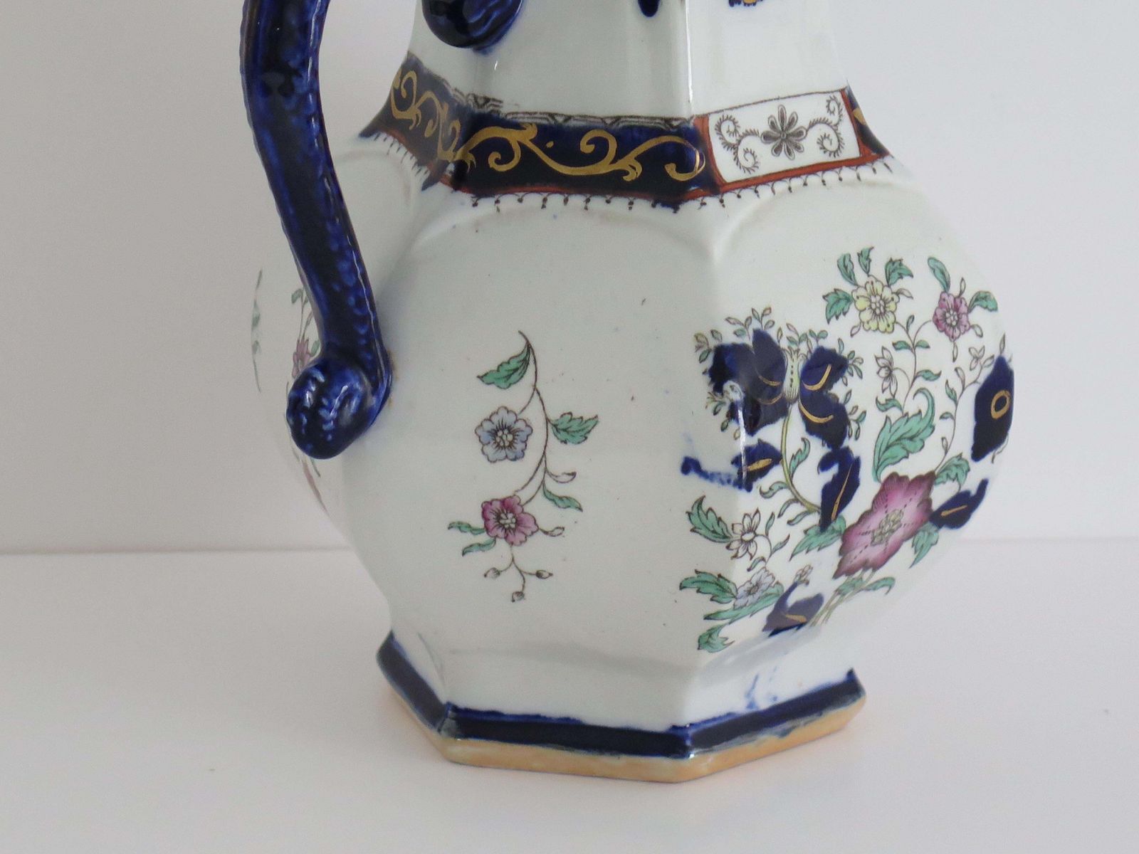 photo for sale Mason's Ironstone Jug, Hexagonal Pitcher With Serpent Handle, 1830.