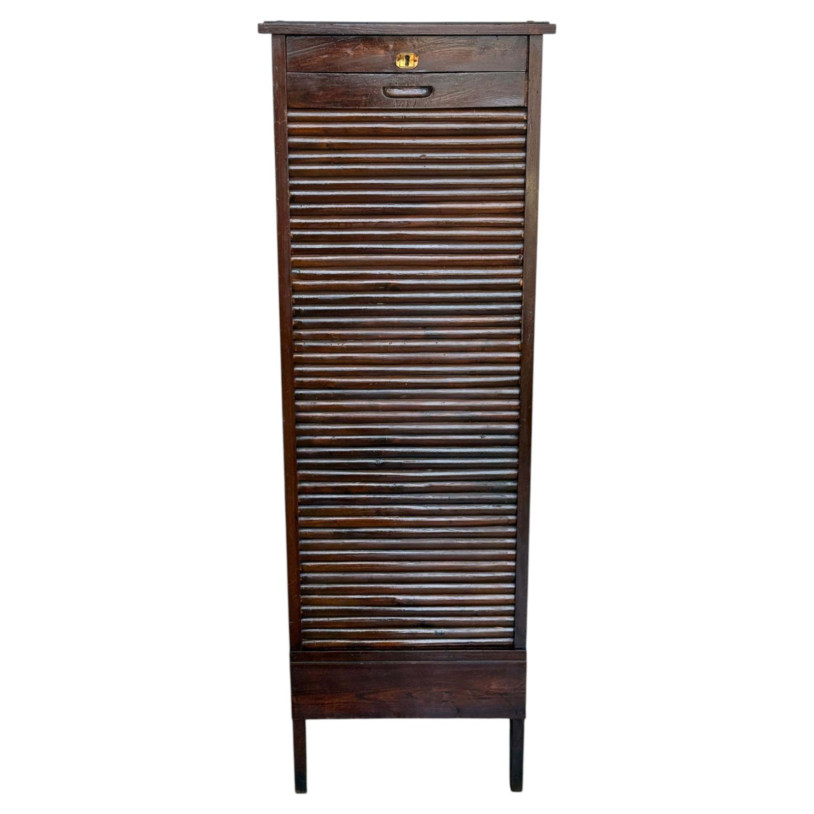 Antique Wooden Tambour Roll Front Filing Cabinet With Pull Out Document Trays