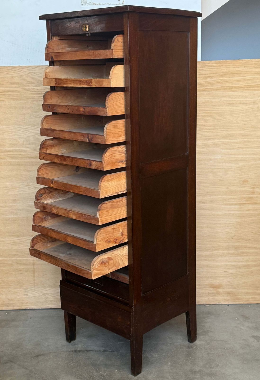 photo for sale Antique Wooden Tambour Roll Front Filing Cabinet With Pull Out Document Trays