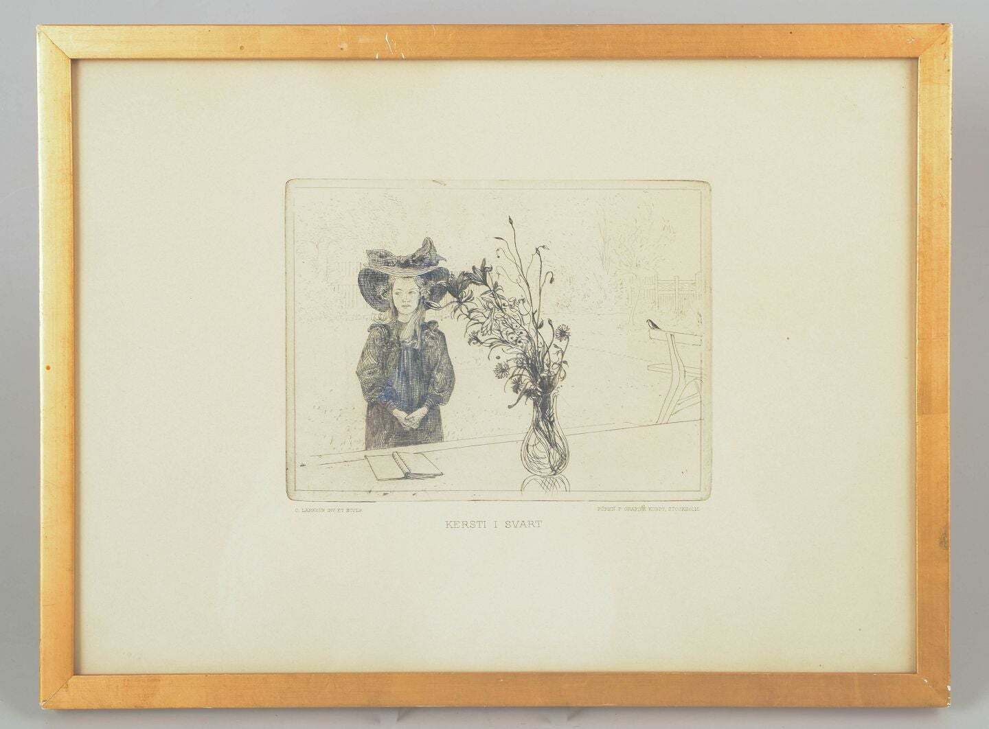 Carl Larsson, Listed Swedish Artist. Etching On Paper. "Kersti In Black". photo furniture