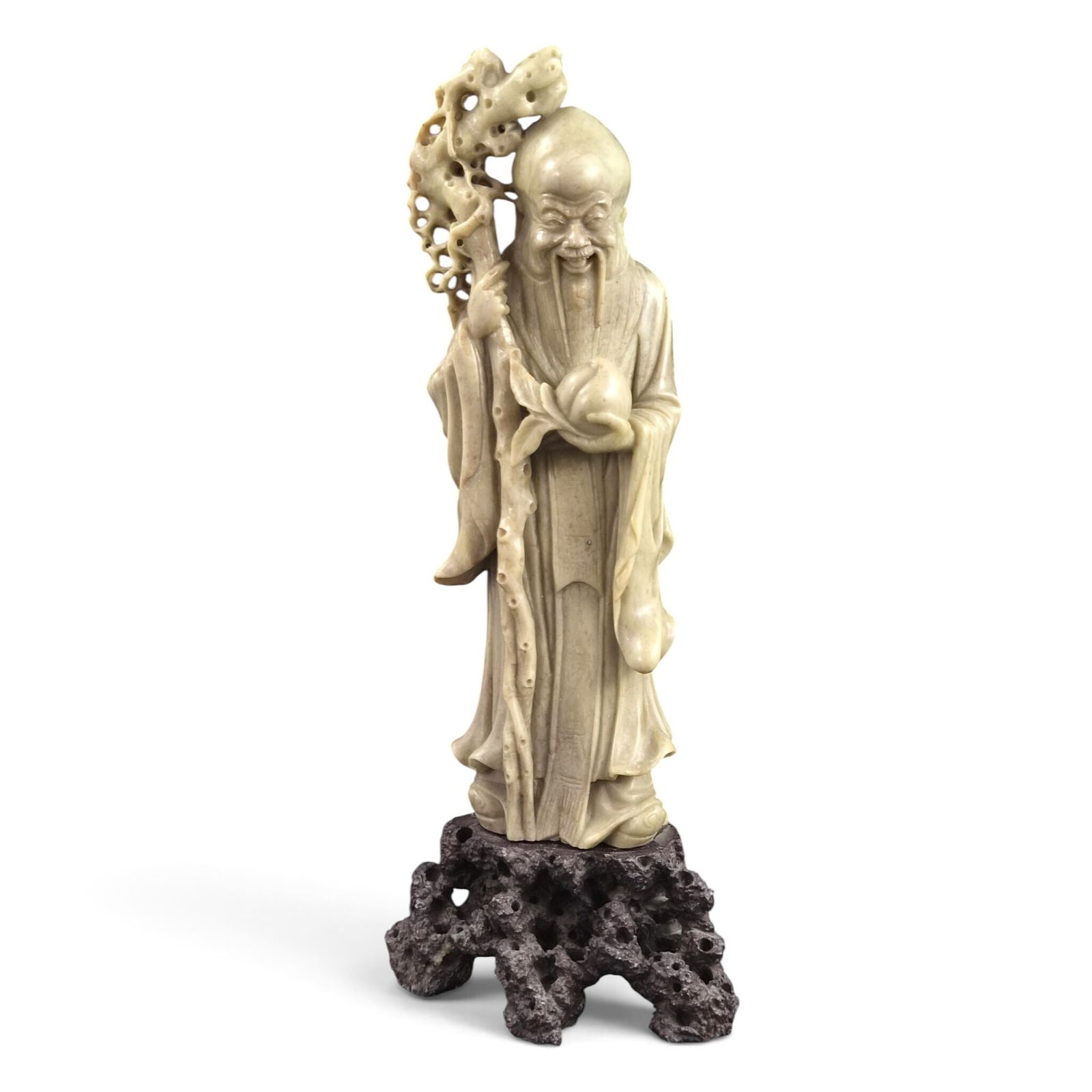 Chinese Carved Soapstone Shoulao Sculpture With Stone Base, C.1890