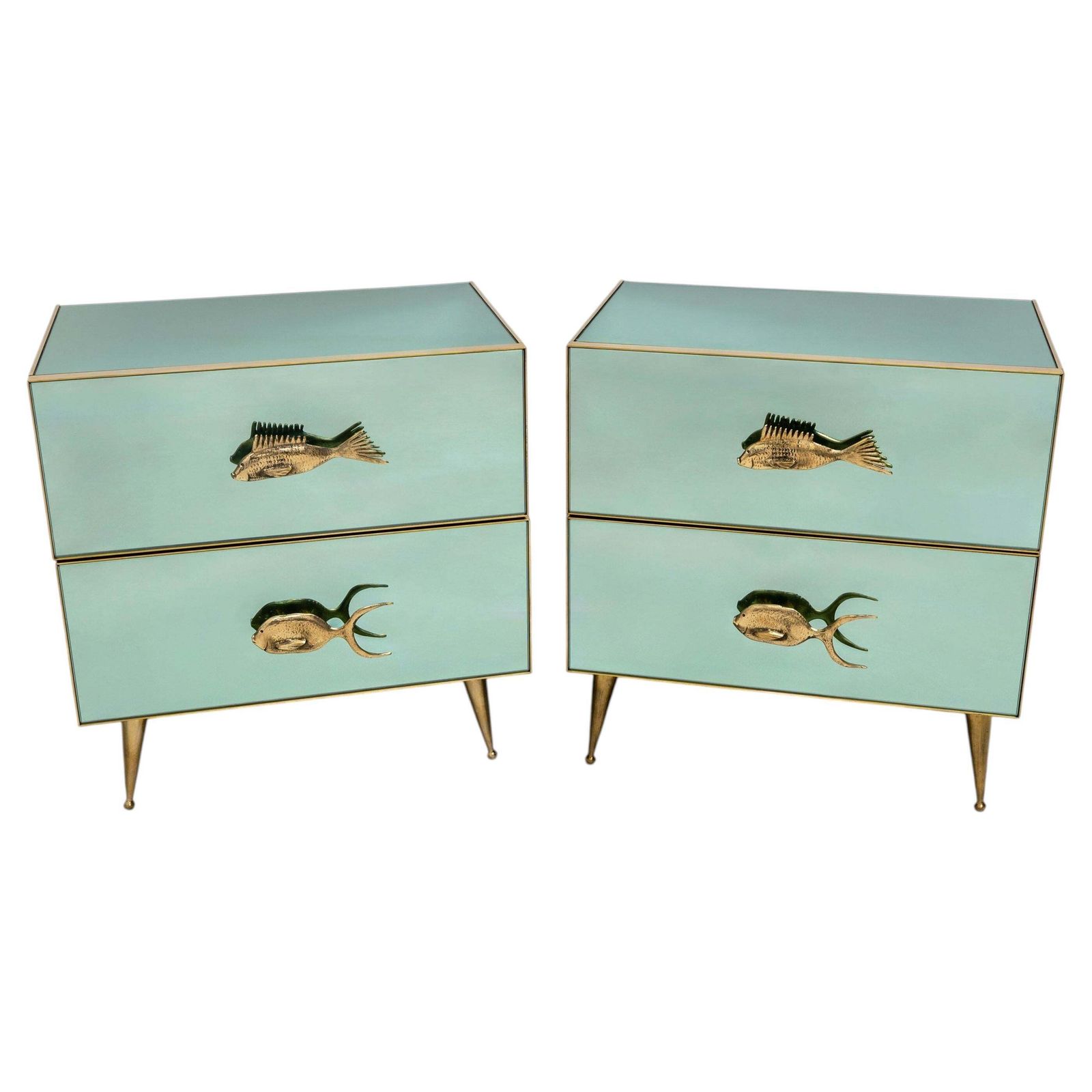 Pair Of Mid Century Aqua Green Mirrored Glass Nightstands With Brass Fish Handles