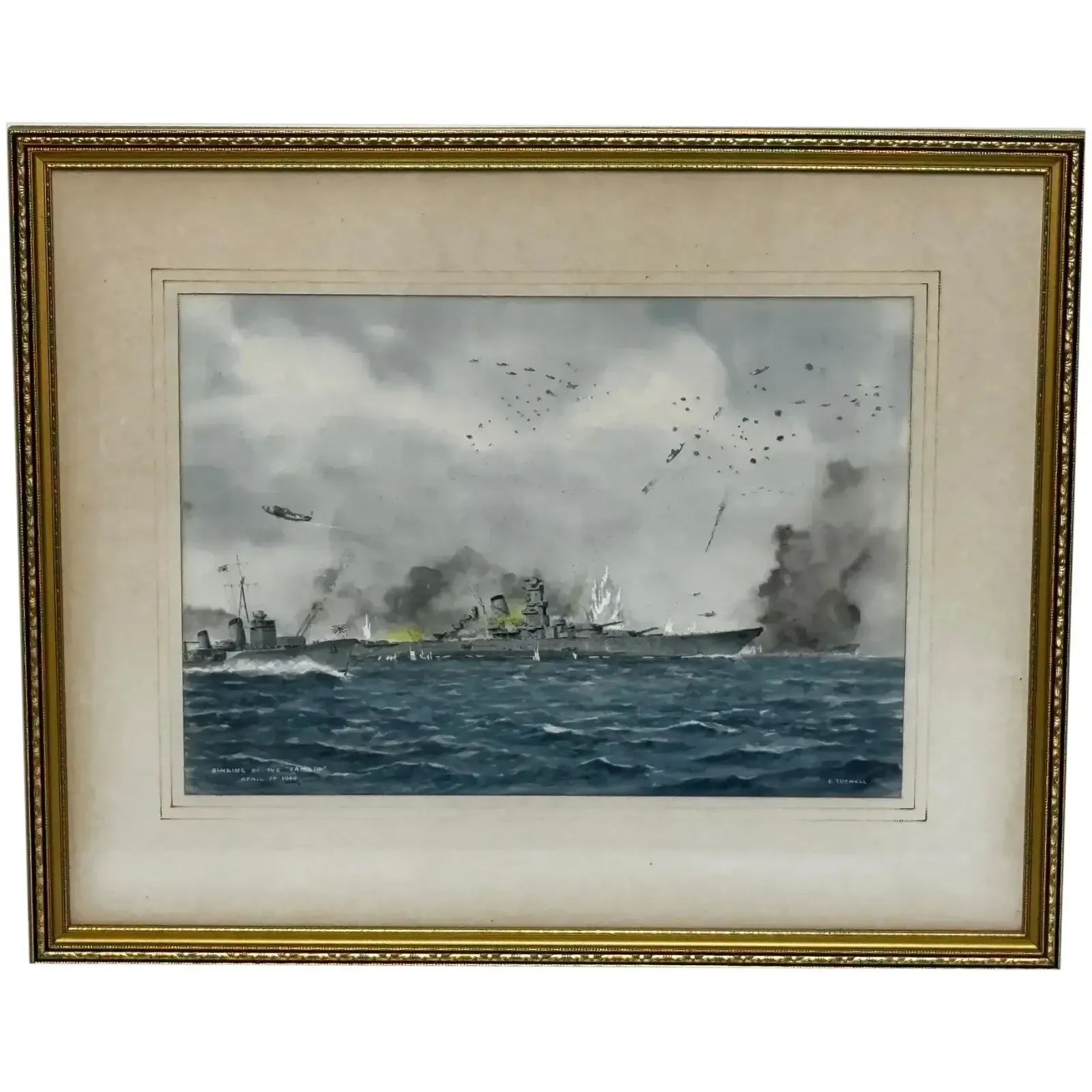 Eric Tufnell WOII Maritiem Aquarel Zinken Slagschip Yamato 1945