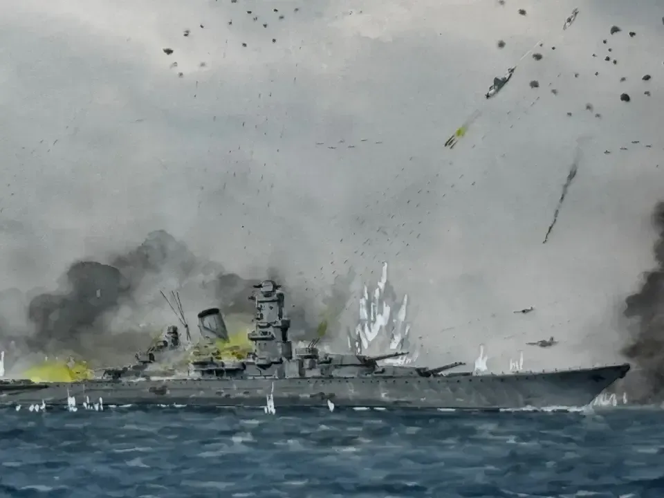 Eric Tufnell Wwii Naval Battle Watercolour Sinking Battleship Yamato 1945 photo for sale