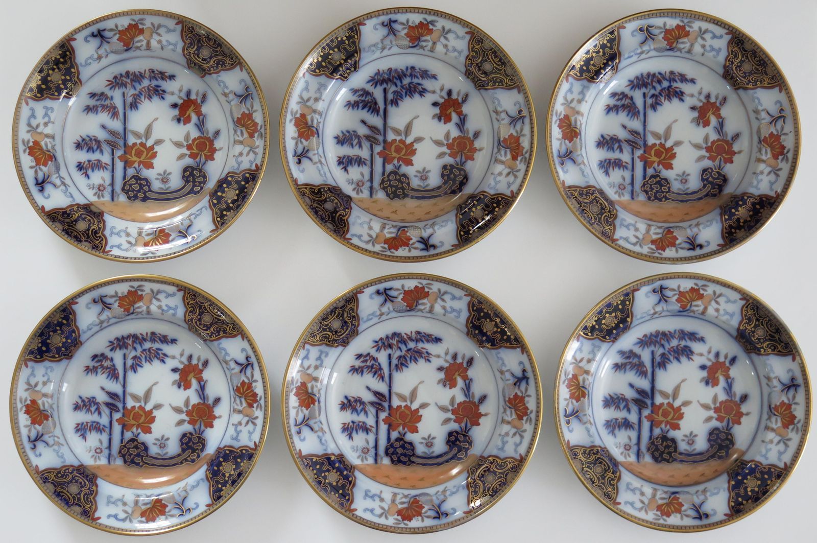 Set van zes antieke ironstone soepborden, bamboepatroon van Davenport, ca. 1815 photo 450.0