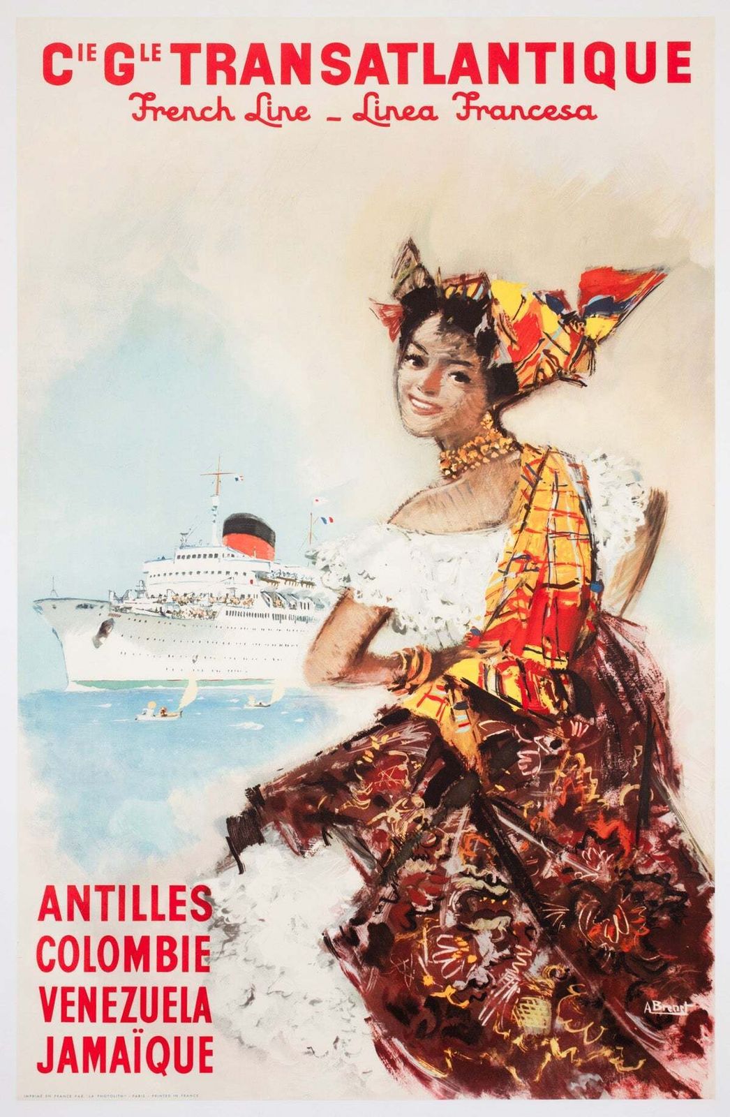 Cie Gle Transatlantique French Line Venezuela Jamaïque ca. jaren 1950 reisposter.