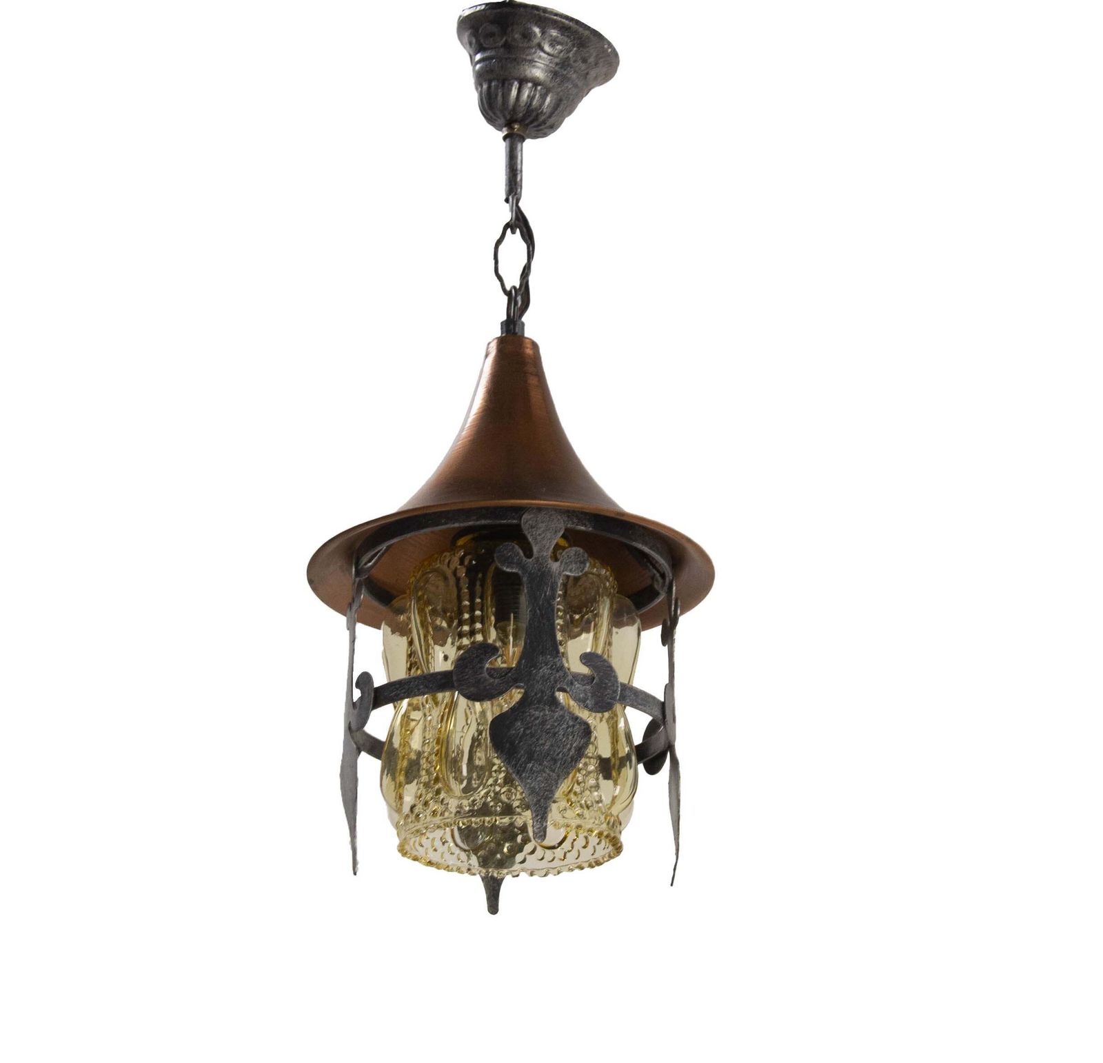 Lustre suspension français en fer forgé, cuivre et verre, vers 1900 photo for sale