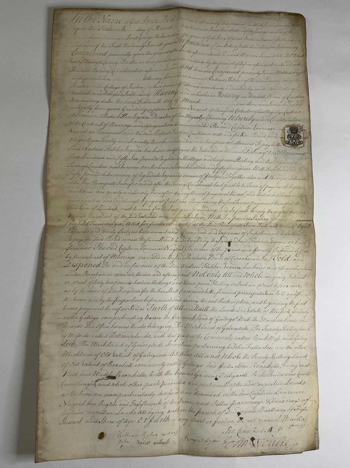 1754 Schots feodaal gronddocument - Ondertekend door notaris en getuigen, Ayrshire Estate Sasine, George II stempel photo furniture