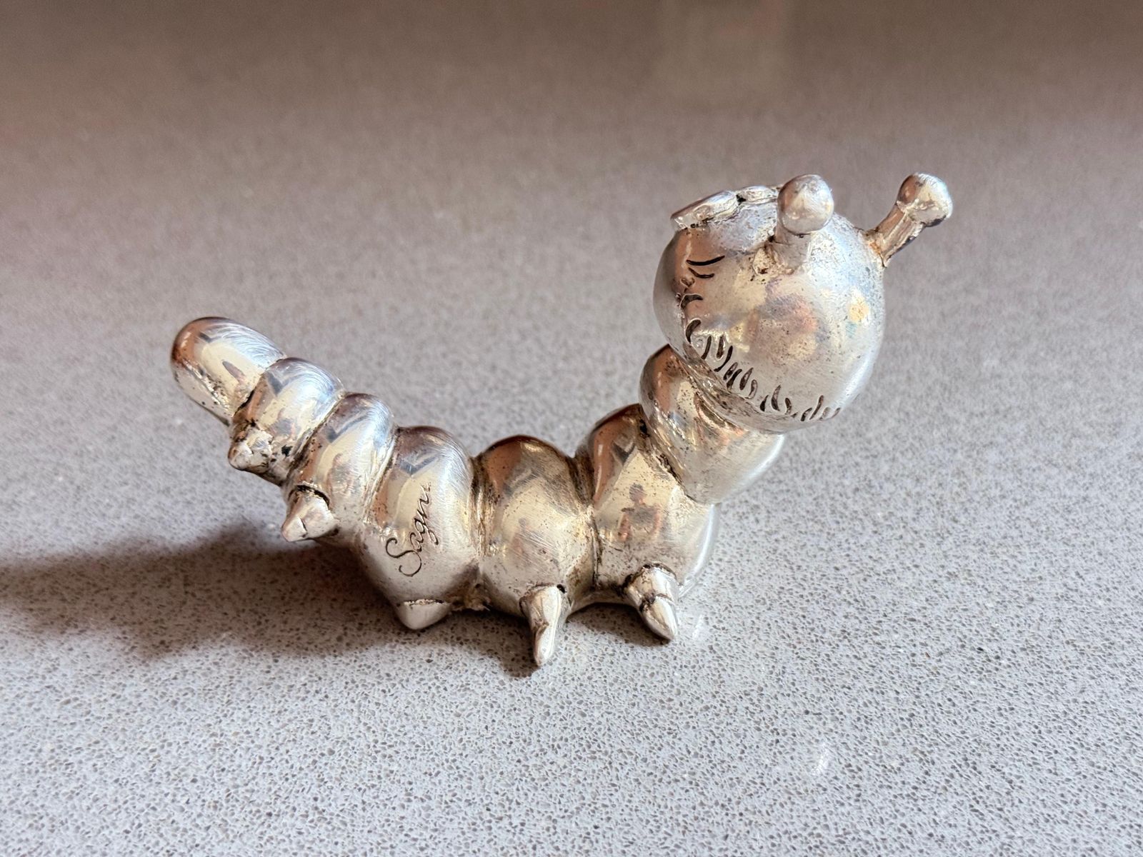 Antique Silver Plated Caterpillar, Italian Sculpture Whimsical Decorative Figure photo 320.0