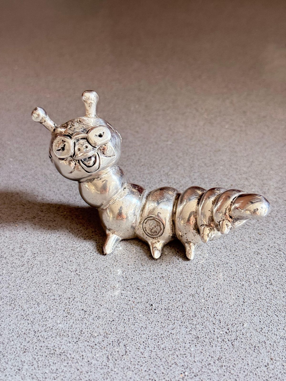 photo for sale Antique Silver Plated Caterpillar, Italian Sculpture Whimsical Decorative Figure