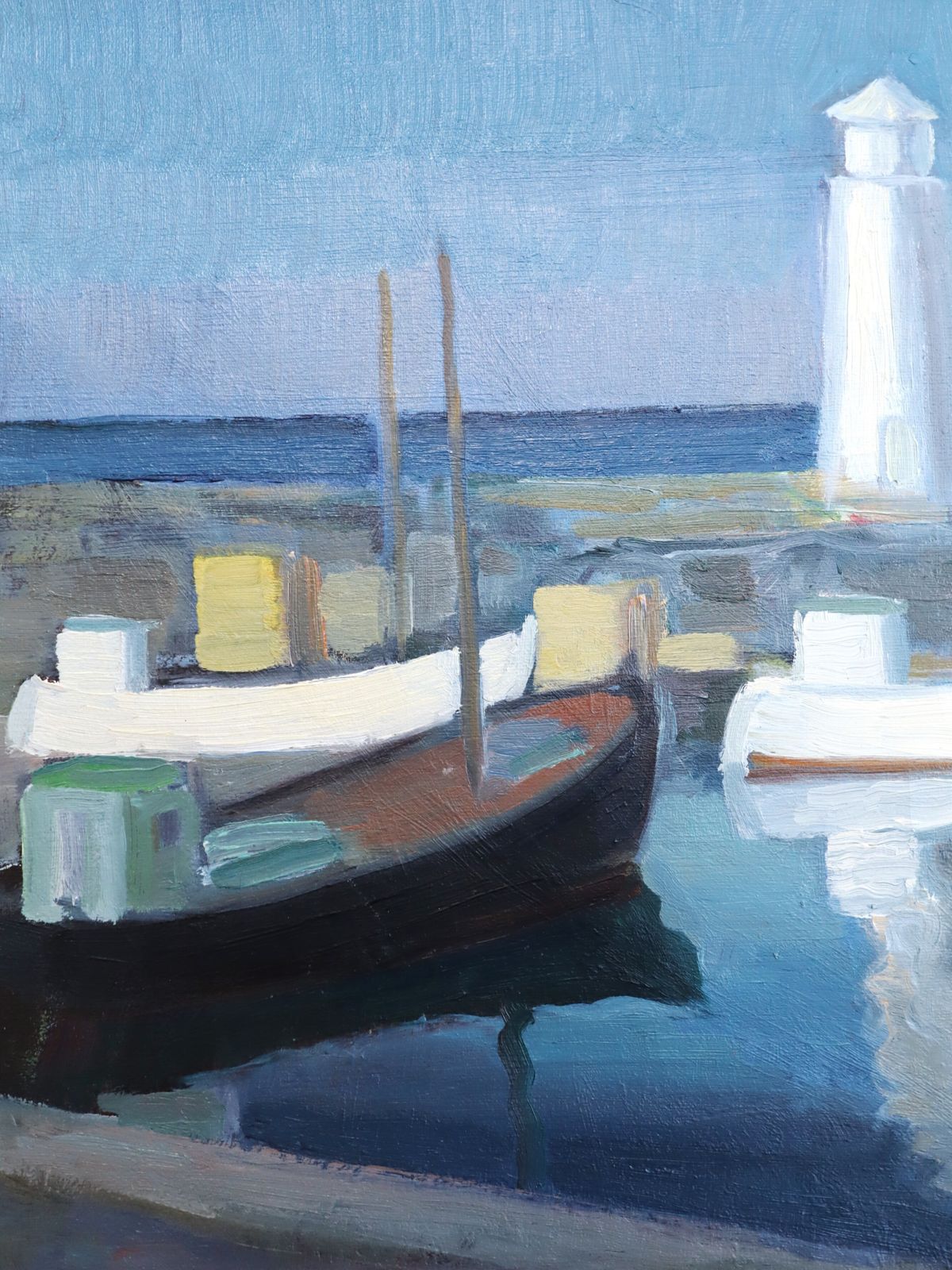 Haventafereel in blauw, olieverfschilderij, midden 20e eeuw photo vinterior