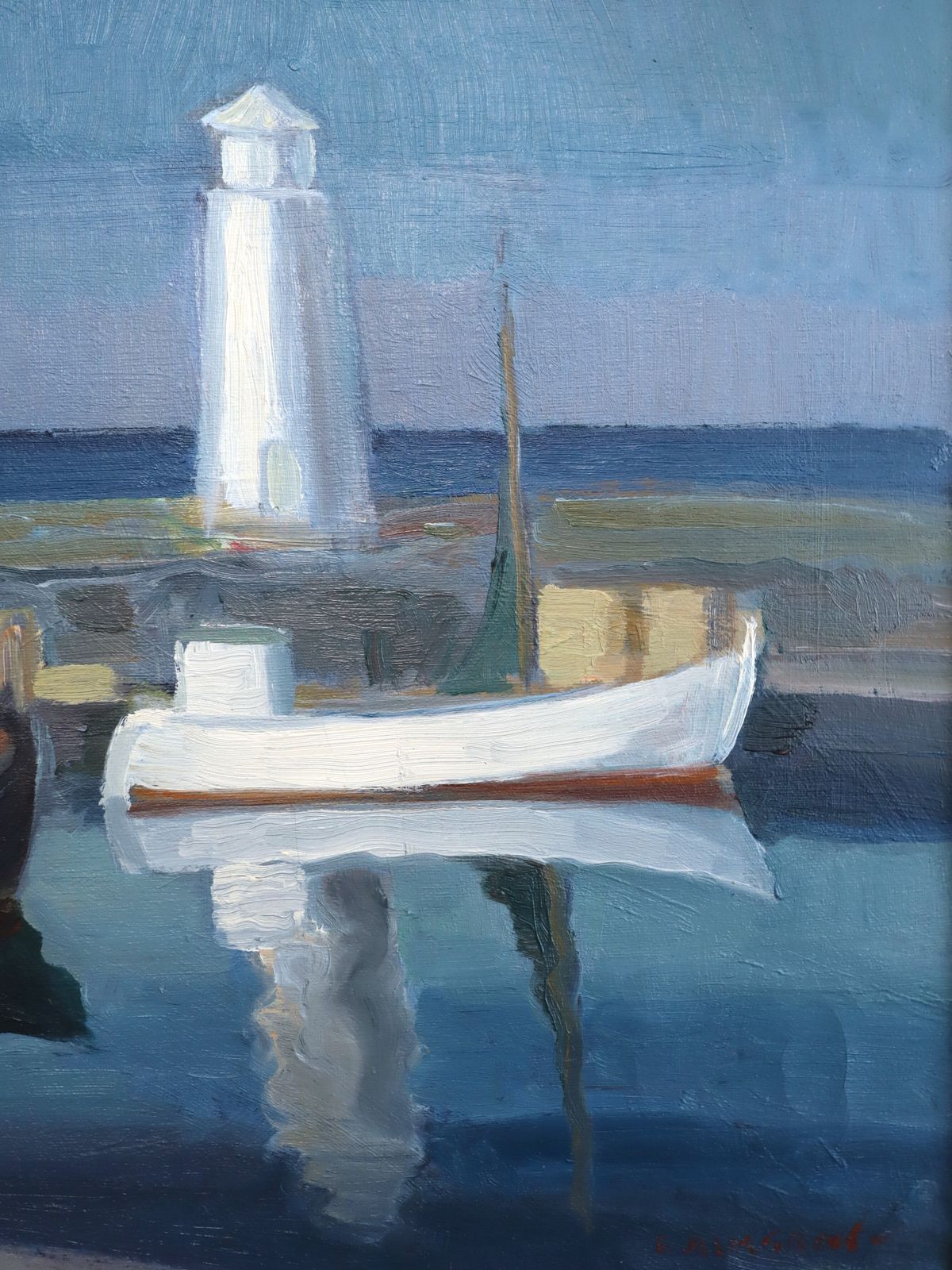 Haventafereel in blauw, olieverfschilderij, midden 20e eeuw photo buy