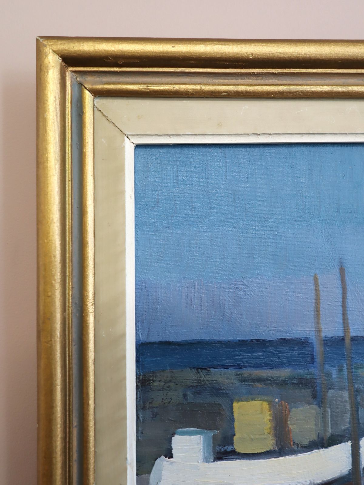 photo for sale Haventafereel in blauw, olieverfschilderij, midden 20e eeuw