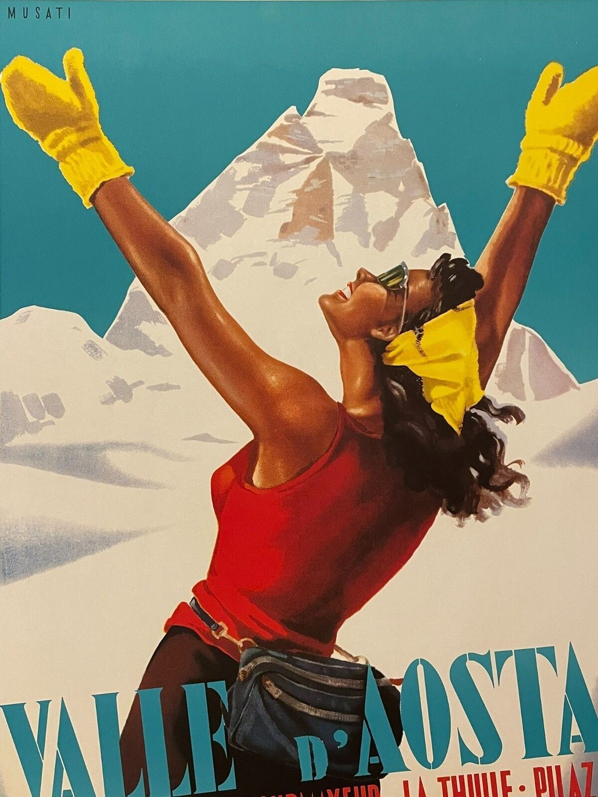 Art Arnaldo Musati, vers 1980, Valle d'Aosta, affiche vintage d'époque, 98,5 x 68,5 cm photo