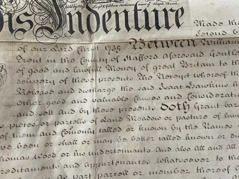 1768 Georgisch hypotheekakte document - Doniston, Staffordshire eigendomsakte met rood wassiegel en zeldzame "his mark" handtekening photo vinterior