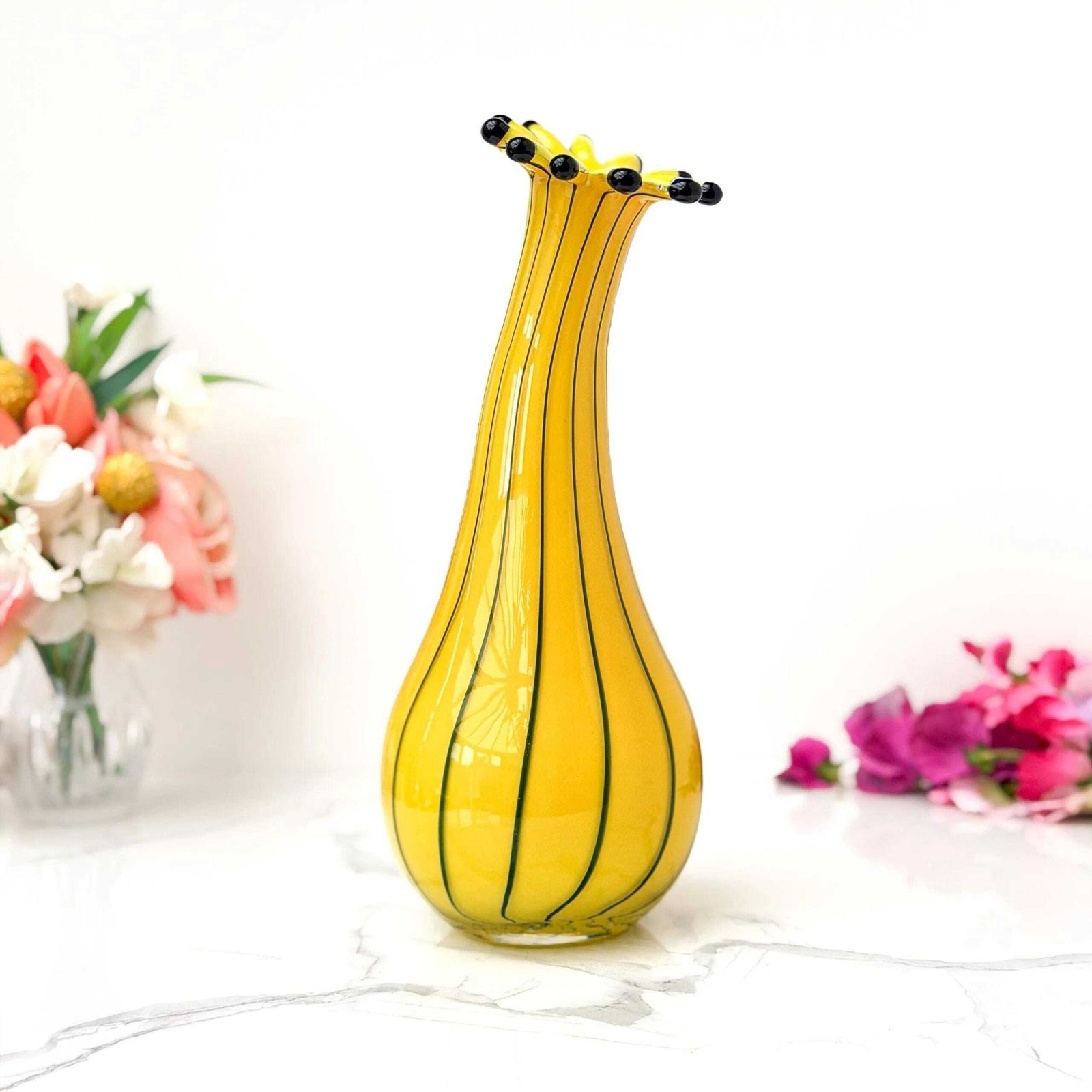 Dartington Crystal Art Glass Vase Yellow Striped Bobble Rim Vintage photo Home Decor