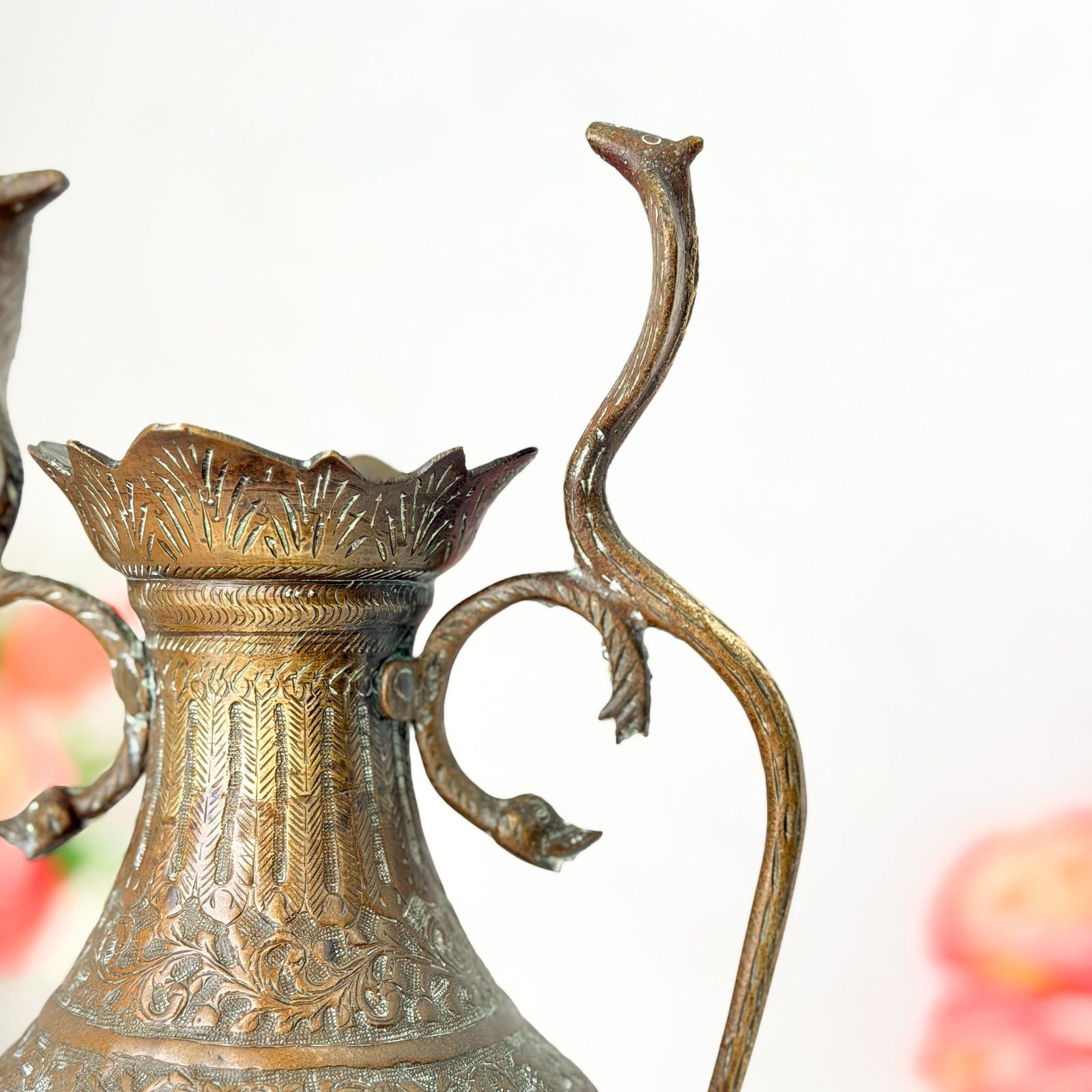 photo for sale Antique Indian Brass Twin Cobra Handle Engraved Vase Late 19th Century