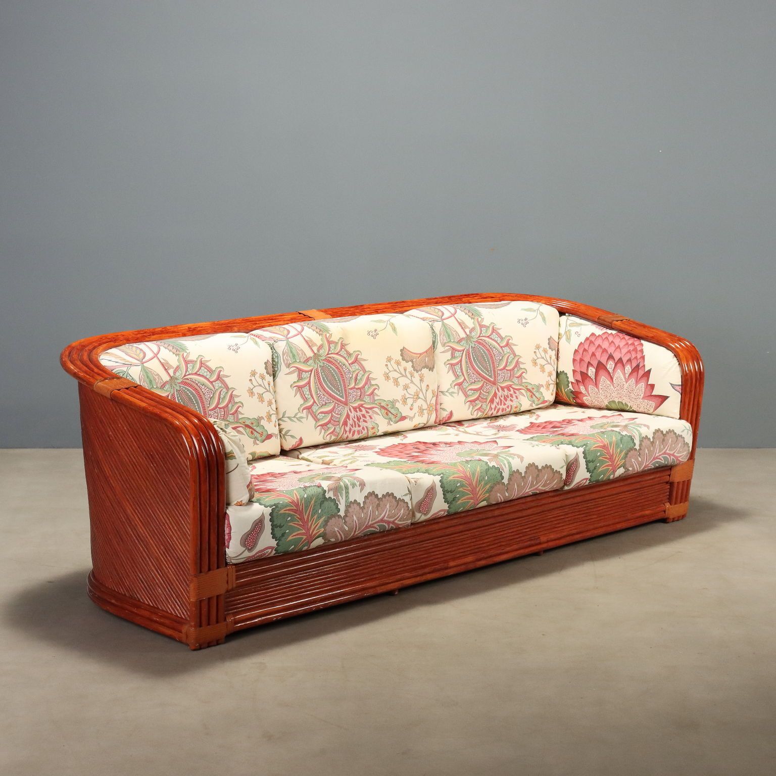 1980s Rattan And Red Lacquered Bamboo Sofa