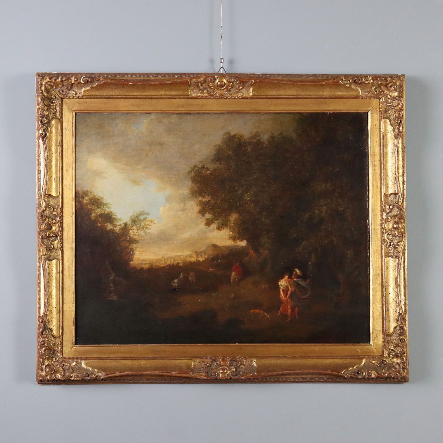 Antiek schilderij, landschap met figuren, olieverf op doek, 18e eeuw