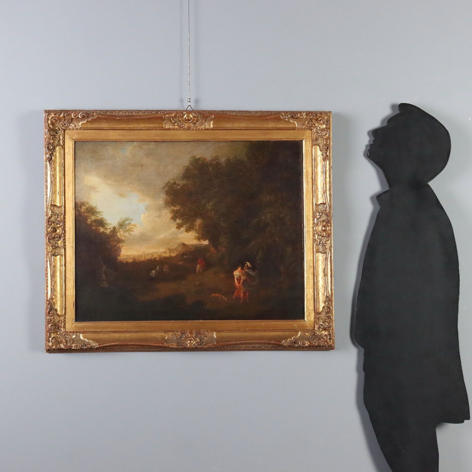 Antiek schilderij, landschap met figuren, olieverf op doek, 18e eeuw photo furniture