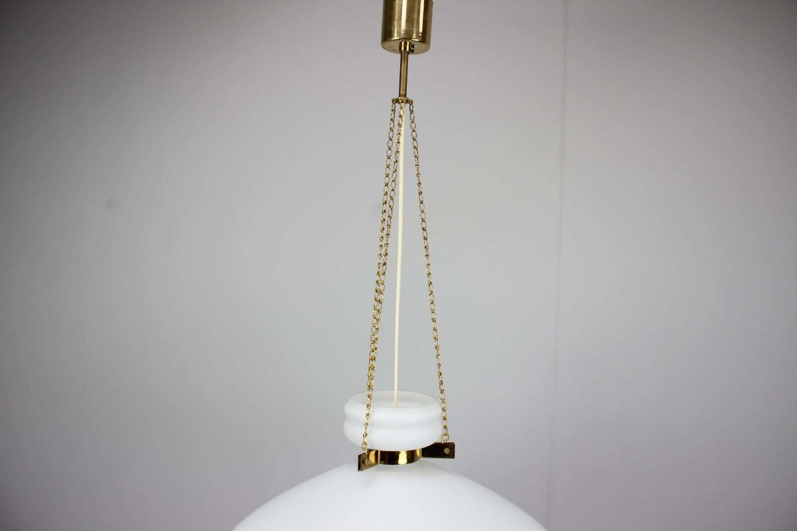 1970s Czechoslovak Mid Century Modern Pendant Lamp In Opaline Milk Glass And Bra photo for sale