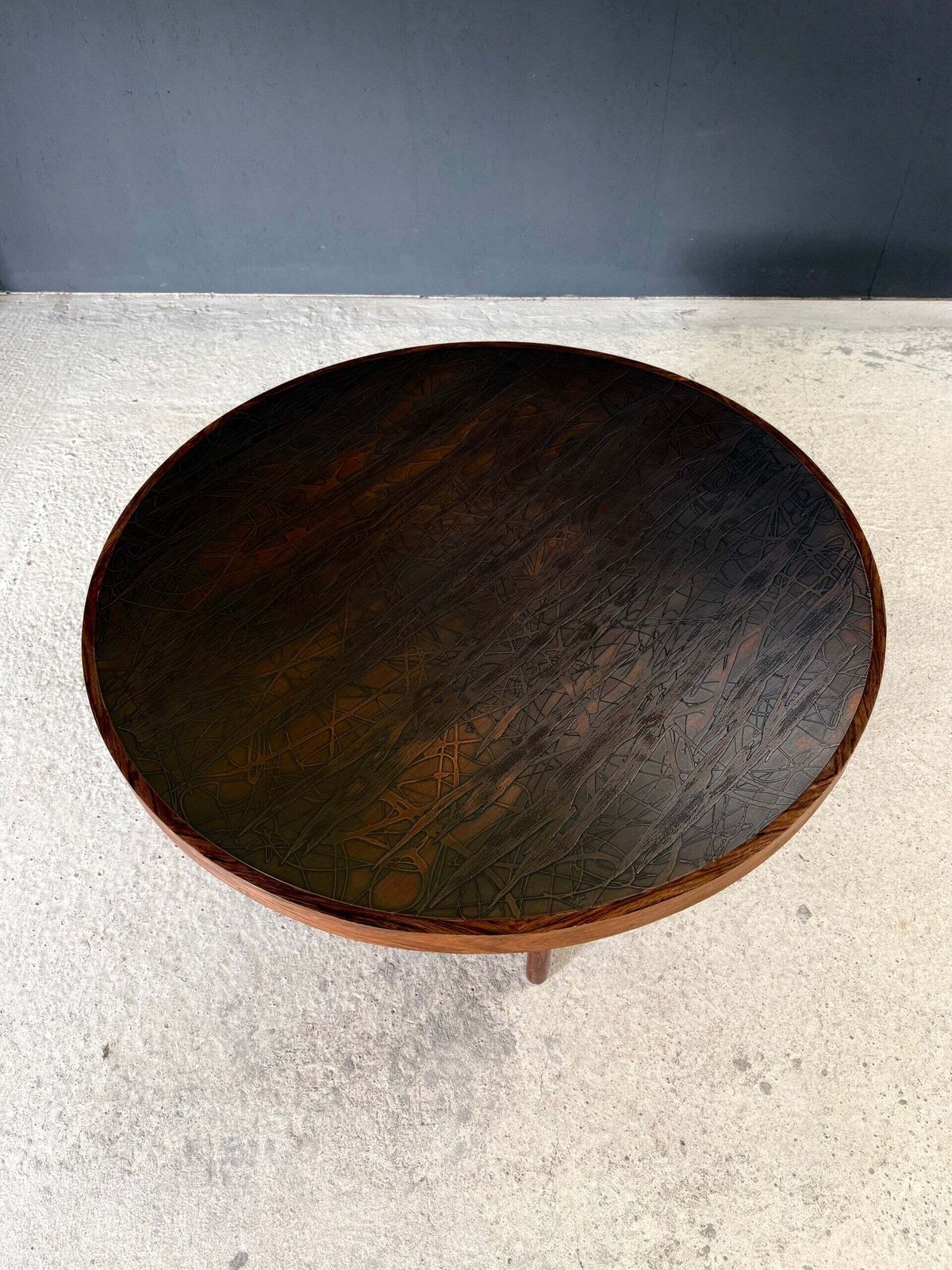 Midcentury Modern Scandinavian Design Teak And Sculptural Copper Inlay Coffee Table, Denmark 1960's photo vinterior