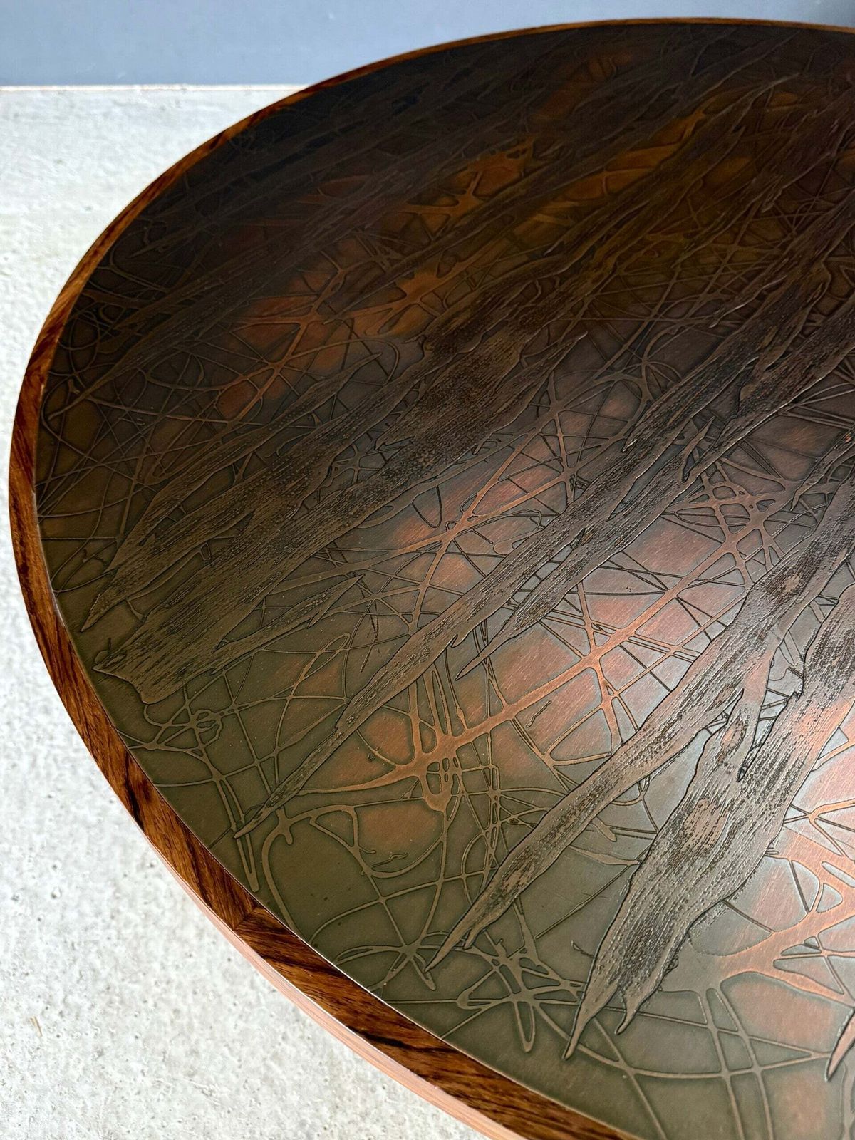photo vinterior Midcentury Modern Scandinavian Design Teak And Sculptural Copper Inlay Coffee Table, Denmark 1960's