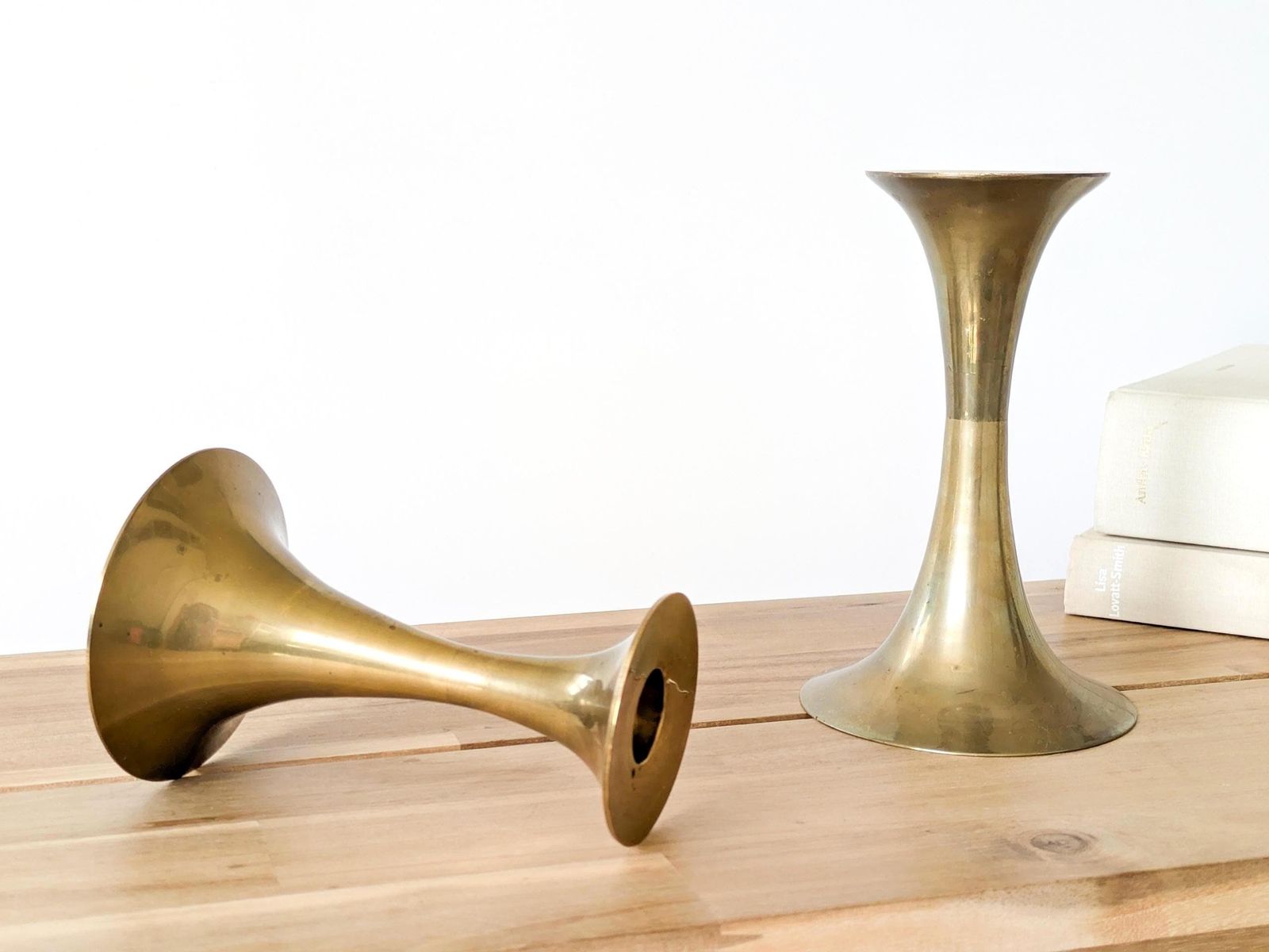Vintage Brass Trumpet Candlestick Holders Pair Midcentury Modern Table Centerpiece Or Console Decor