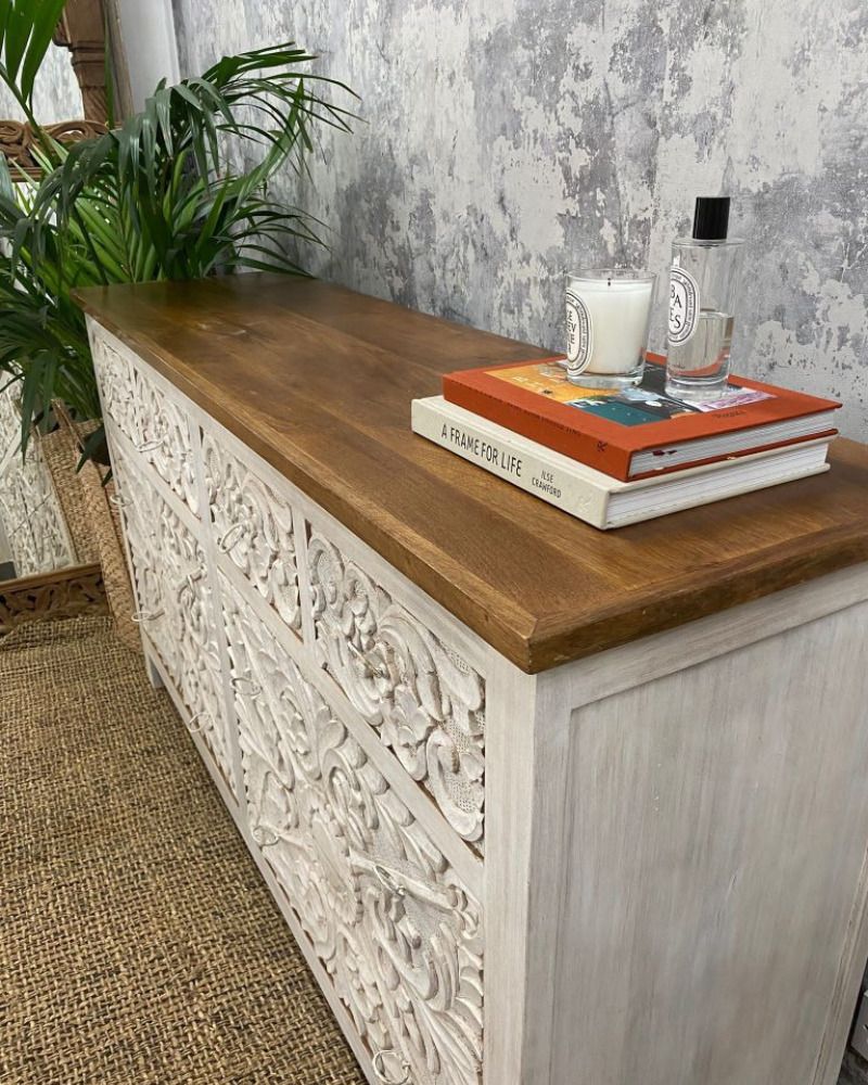 Hand Carved Mango Wood 8 Drawer Chest Of Drawers – Whitewashed Finish With Natural Polished Counter Top photo furniture