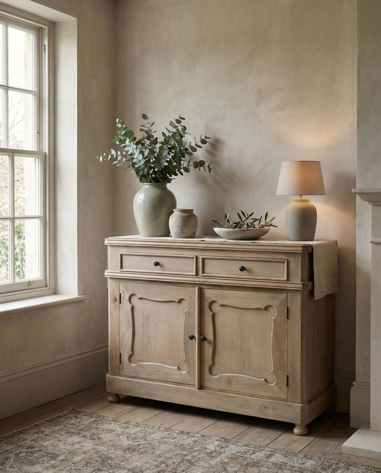Dressoir van Naturel Mangohout met Twee Deuren, Twee Lades en Binnenste Plank