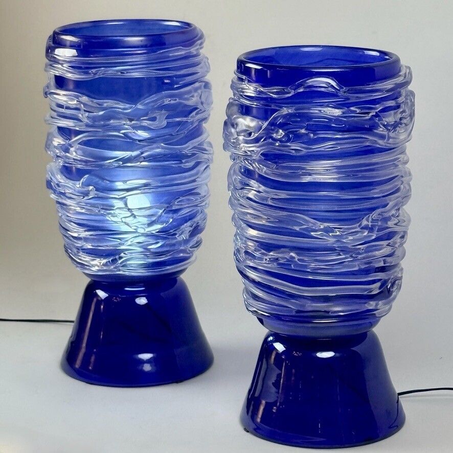 Late 20th Century Pair Of Blu Murano Glass Table Lamps photo Lighting