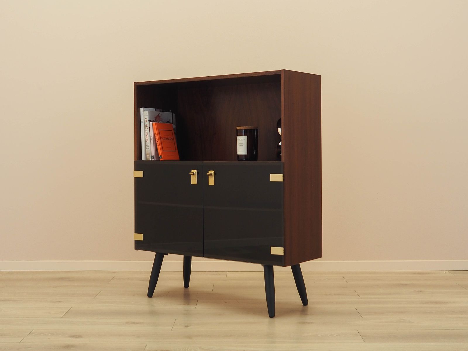Danish Display Cabinet In Contrasting Veneer With Glass Doors And Black Tapered Legs, 1970s photo Furniture
