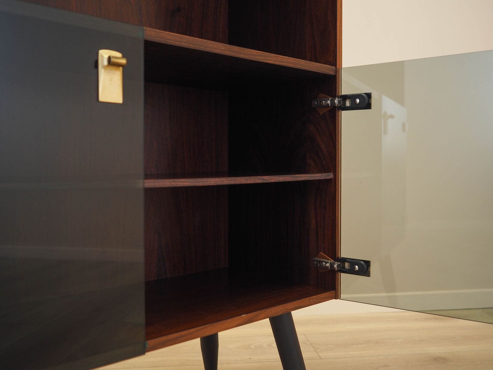 Furniture Danish Display Cabinet In Contrasting Veneer With Glass Doors And Black Tapered Legs, 1970s photo