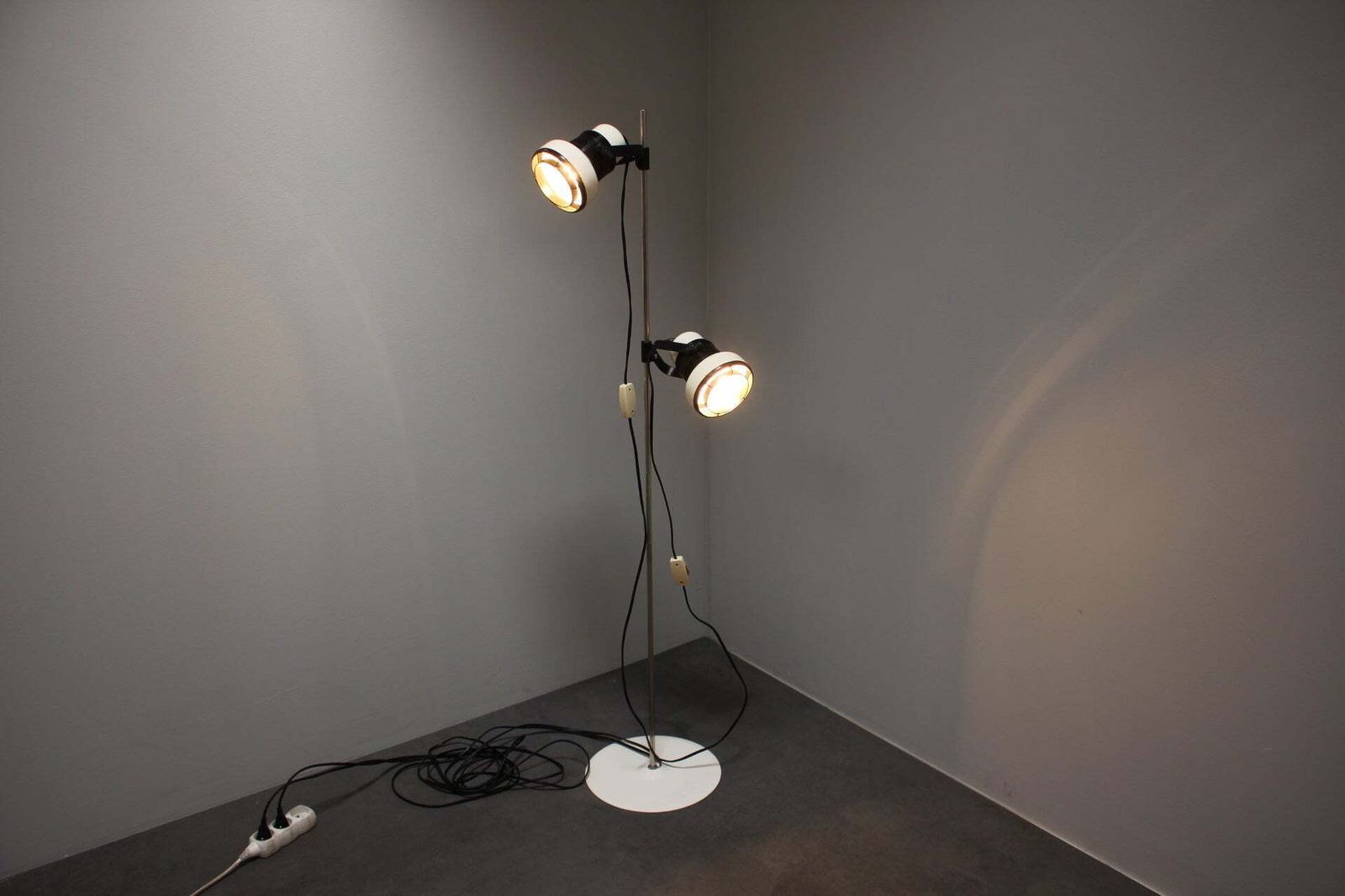 photo for sale Vintage 1970s Hungarian Space Age Two Light Adjustable Floor Lamp In White Black