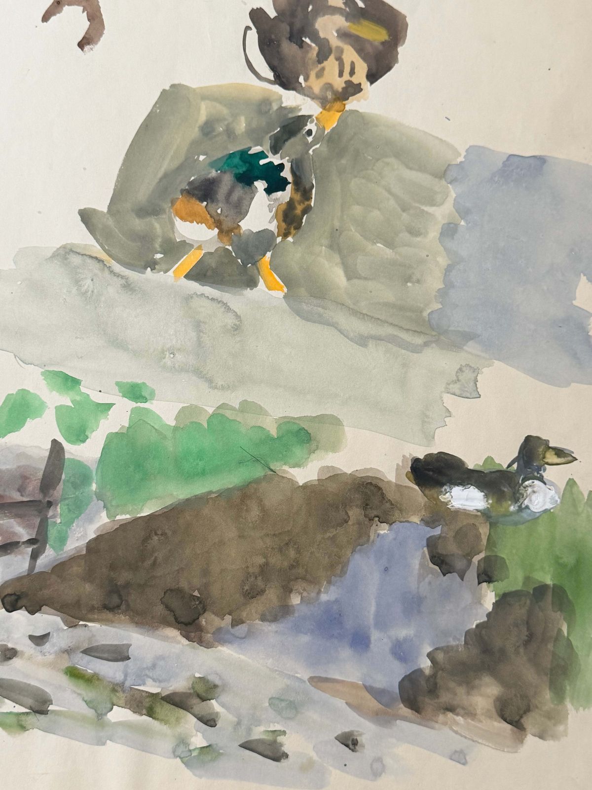 Ducks By A Pond French Modernist Animal Study Gouache 1950's Painting photo for sale
