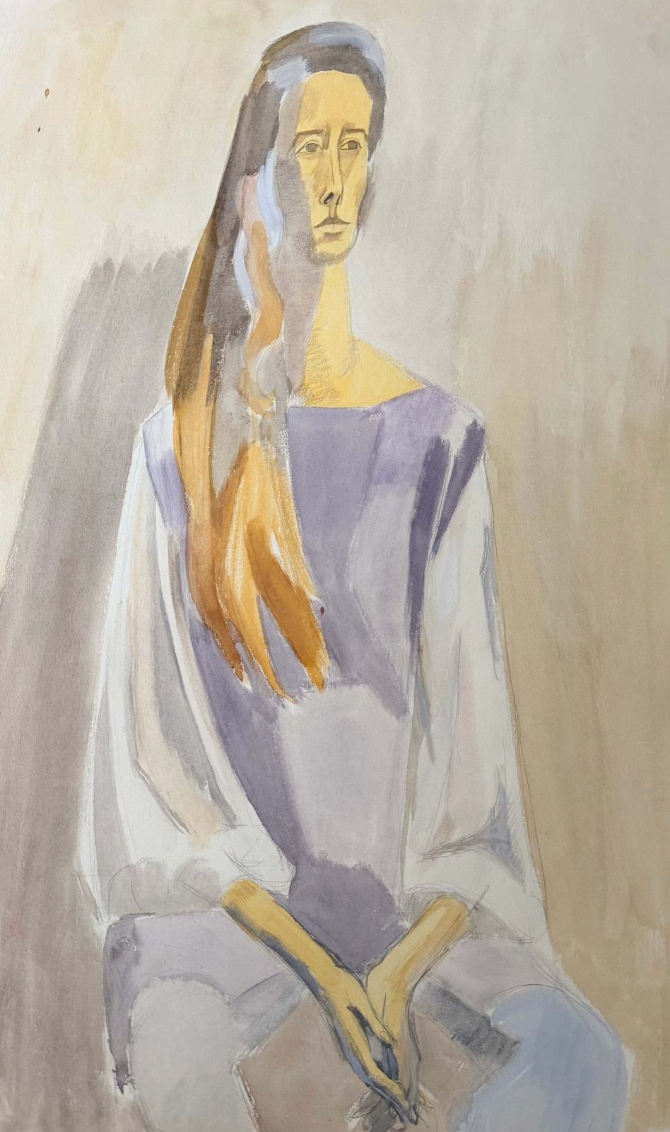Seated Woman With Long Hair In Purple French Modernist Portrait Gouache & Pencil