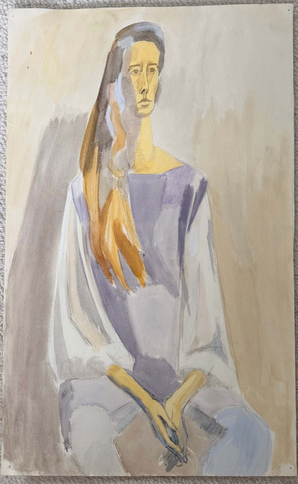 Femme assise aux longs cheveux, portrait moderniste français, gouache et crayon photo furniture