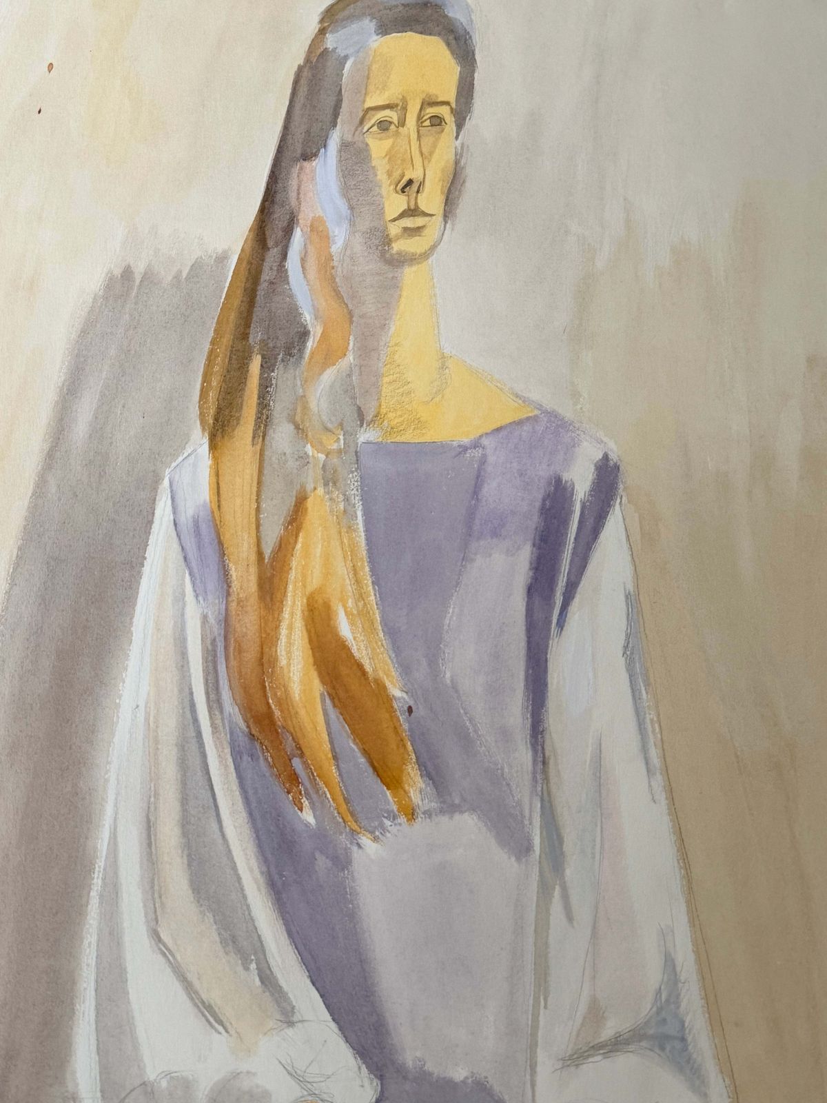 Femme assise aux longs cheveux, portrait moderniste français, gouache et crayon photo for sale