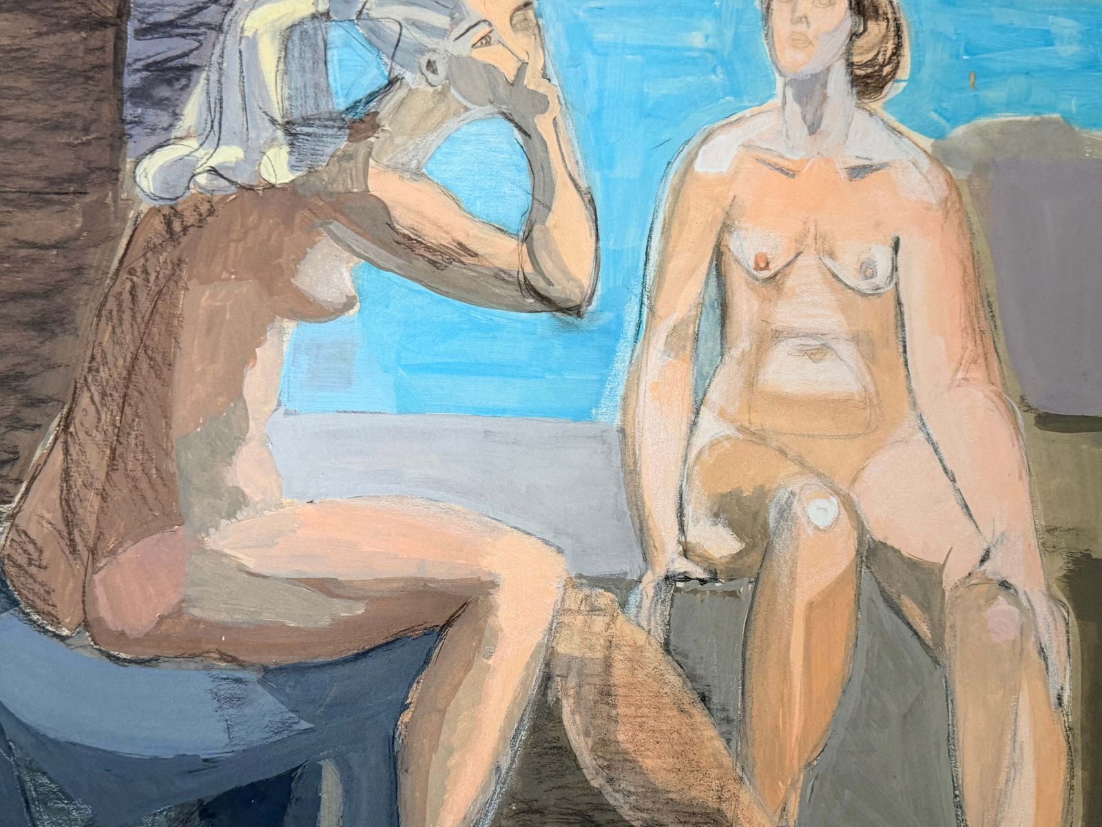 Deux nus féminins en conversation, peinture figurative moderniste française, gouache et crayon photo for sale