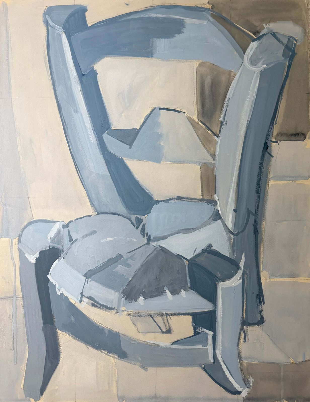 Fauteuil bleu, intérieur moderniste cubiste français, gouache, années 1950