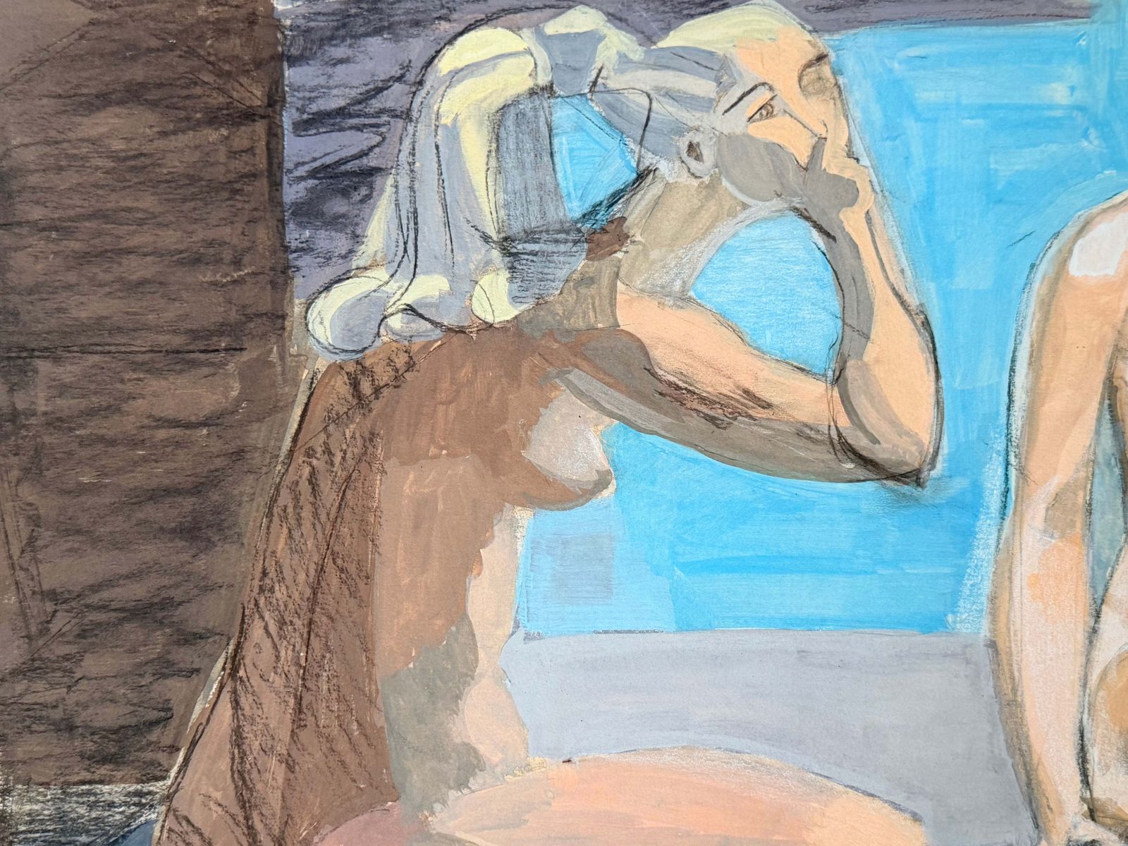 Deux nus féminins en conversation, peinture figurative moderniste française, gouache et crayon photo 688.0