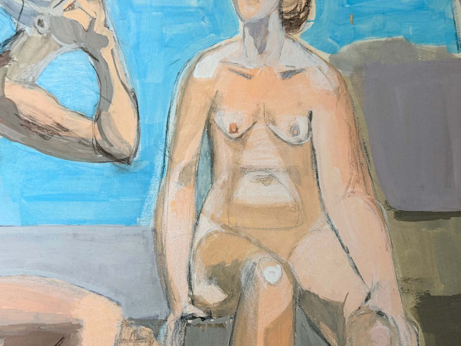 Deux nus féminins en conversation, peinture figurative moderniste française, gouache et crayon photo vinterior