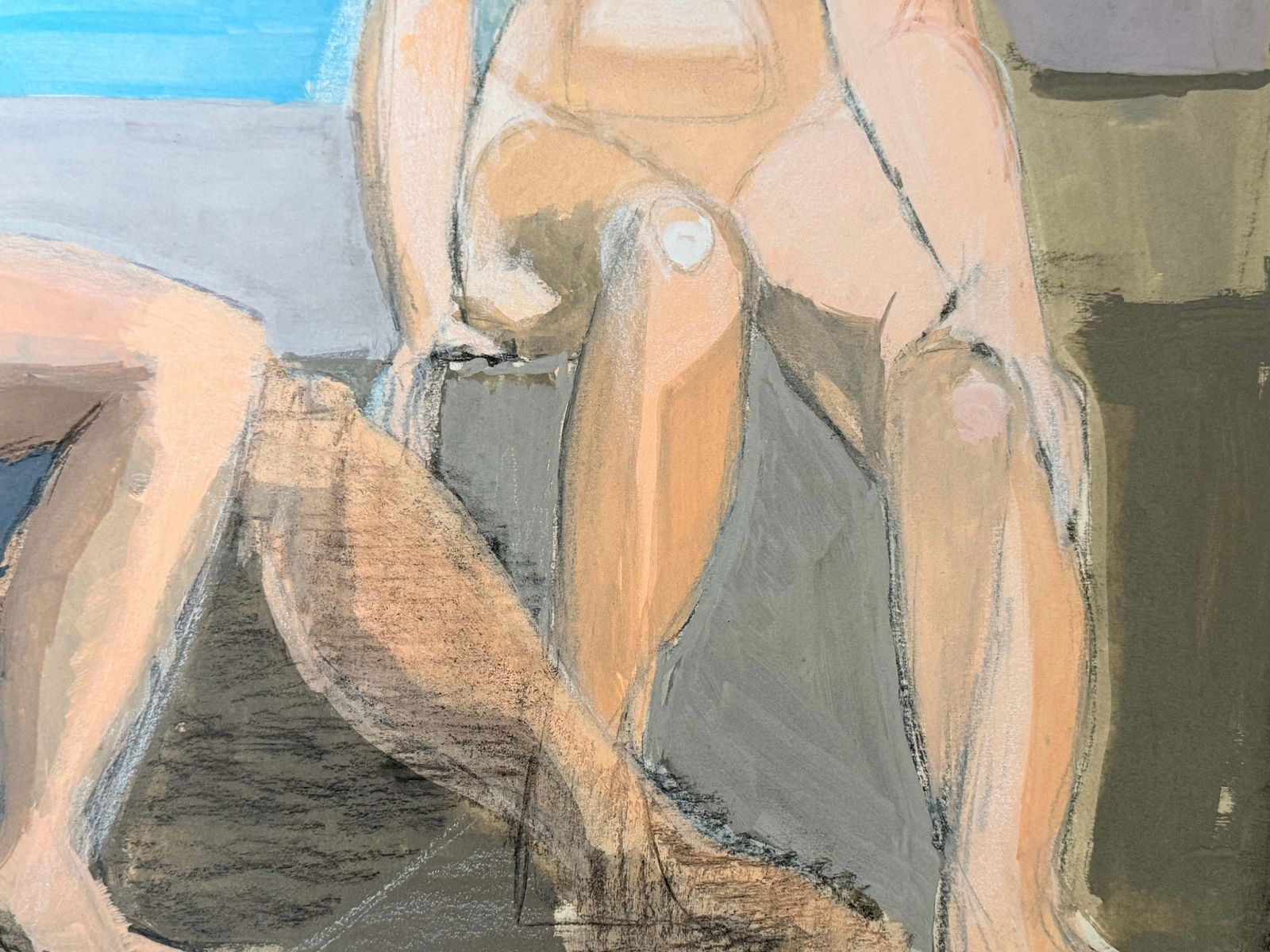 Deux nus féminins en conversation, peinture figurative moderniste française, gouache et crayon photo buy