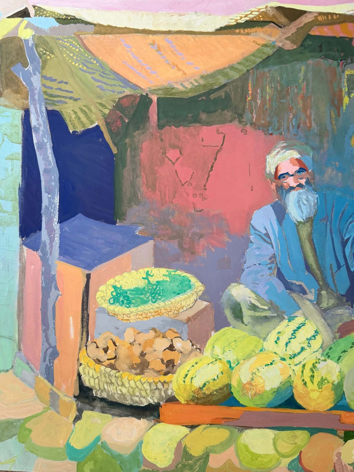 Vendeur de pastèques au marché marocain, gouache moderniste française, années 1950 photo Art