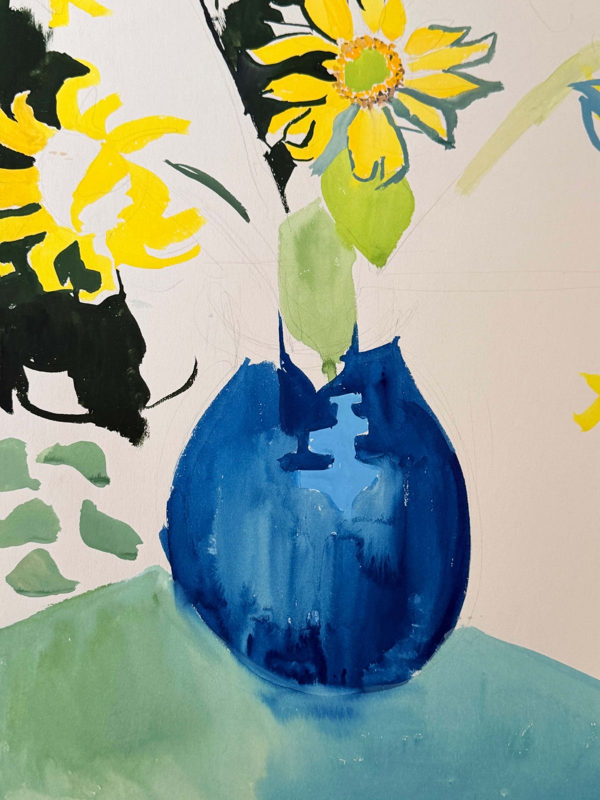 Tournesols dans un vase bleu, nature morte florale moderniste française, gouache photo 535.0
